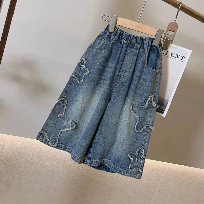 RAISE Pantalones Cortos de Mezclilla Casuales para Niñas de Verano con Parches de Estrellas, Tallas 2-10 Años, Shorts Casuales de Mezclilla para Niñas Jóvenes Adolescentes