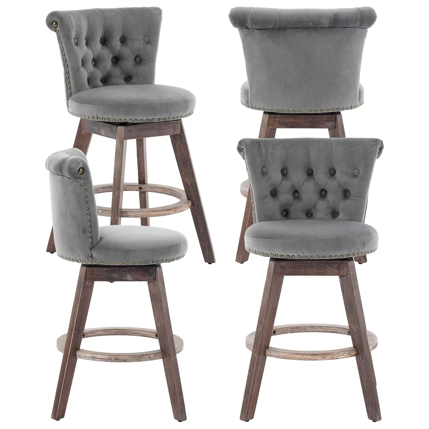

26" Velvet Swivel Bar Stools Set of 4, Upholstered Counter Height Stools with Tufted Back, Nailhead Trim & Wood, Customized