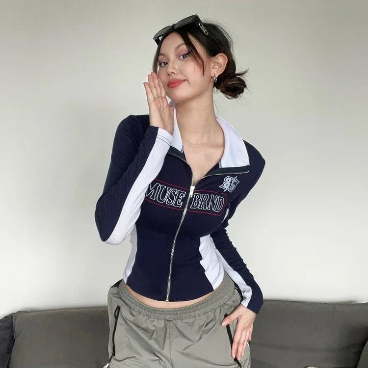 

casual style contrasting letter printed zipper jacket for women, American retro slim versatile short top for women Cardigan coat