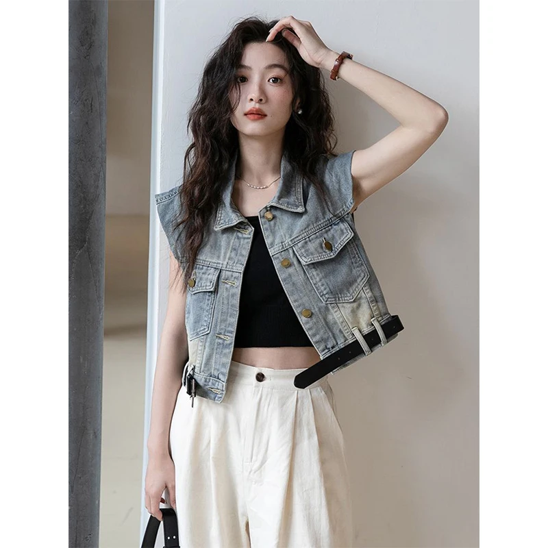 

Women Summer Vintage Solid Color Flying Sleeve Tank Top Ladies Simplicity Office Lady All-match Temperament Casual Denim Jacket