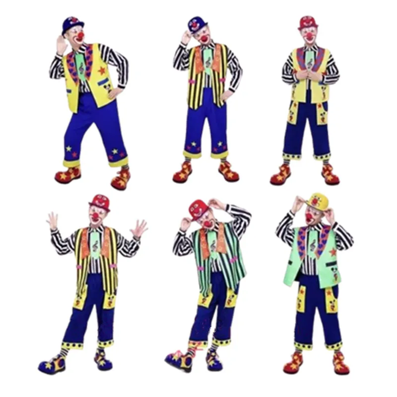 Traje de payaso del Club de circo para hombres, fiesta de disfraces feliz, Joker, ropa de Cosplay, ropa de mago Joker (sombrero + ropa + nariz)