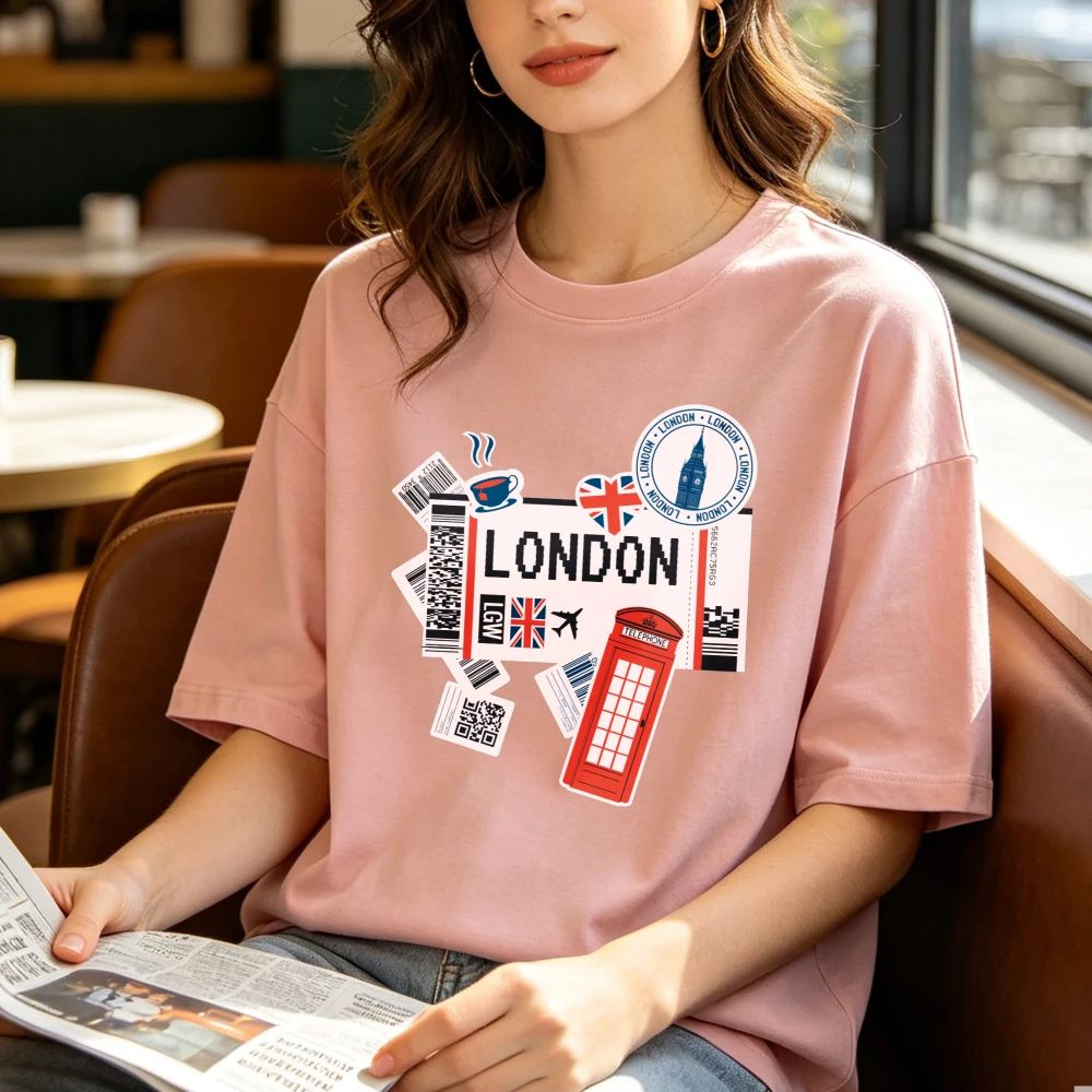 London Flight Boarding Pass Graphic Tee Red Telephone Box Travel Ticket Souvenir Men Women Casual Tops Retro Souvenir Cotton Tee