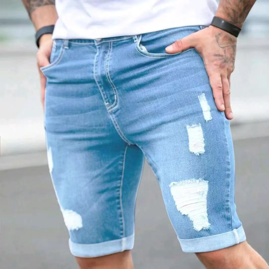 

Blue Men's Ripped Denim orts Low Waist Casual Loose Straight Cut Jeans Summer Street Sle Blue Hole Punching Men's orts