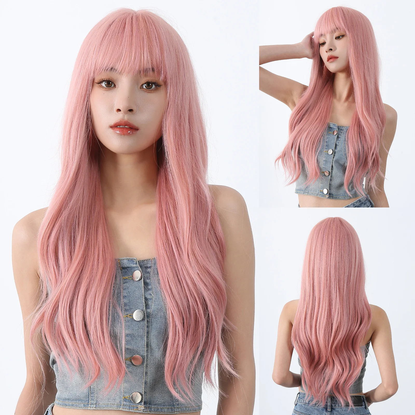 شعر مستعار نسائي طويل مجعد أبيض كوري عتيق وردي قذر شعر طويل مجعد موجة كبيرة غطاء محرك السيارة الكامل #3