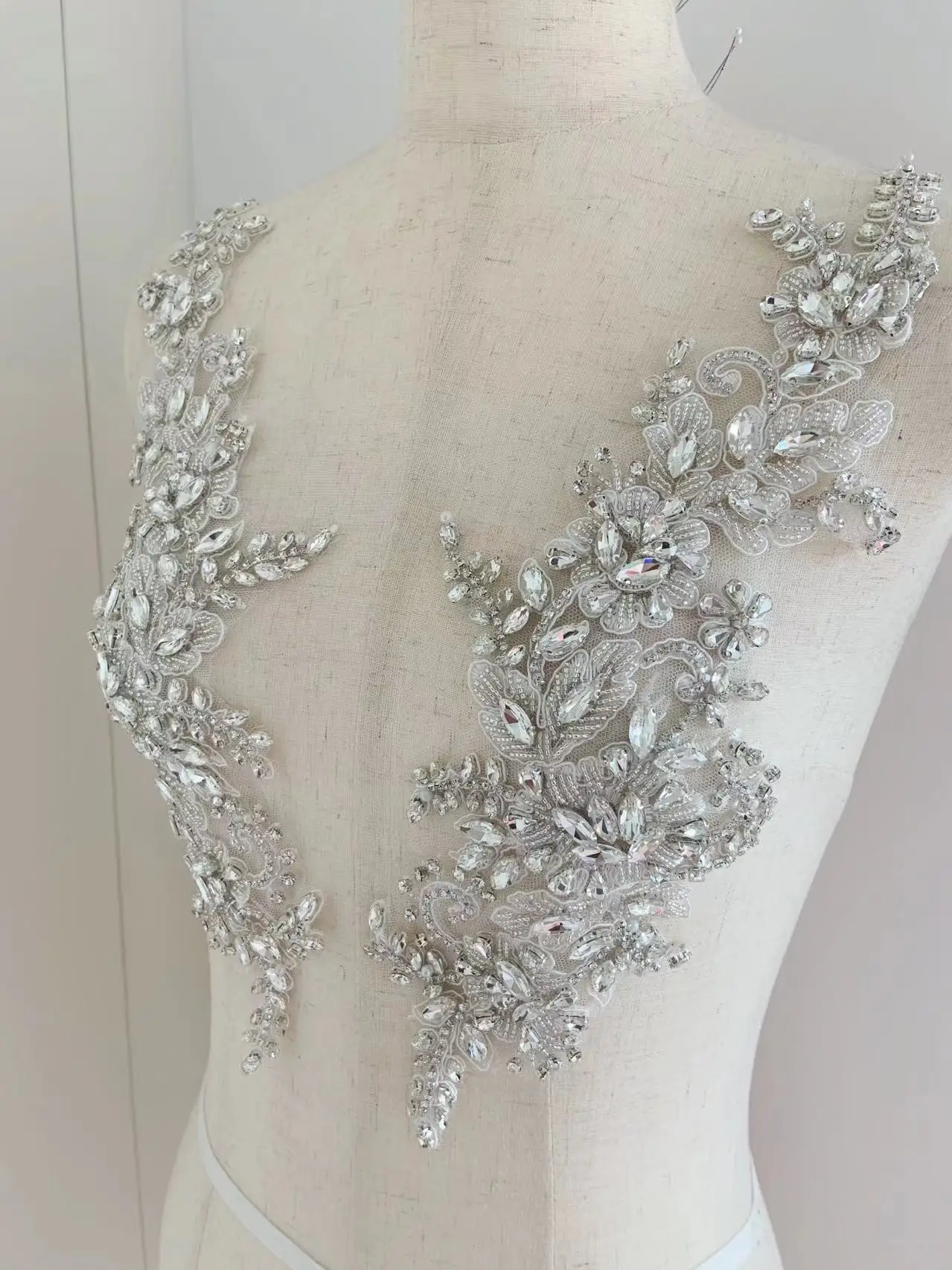 Silver Crystal Bead Florals Applique Luxurious Rhinestone Patch for Dance Costume,Dress Decor,Couture,Corset,Wedding Supplies