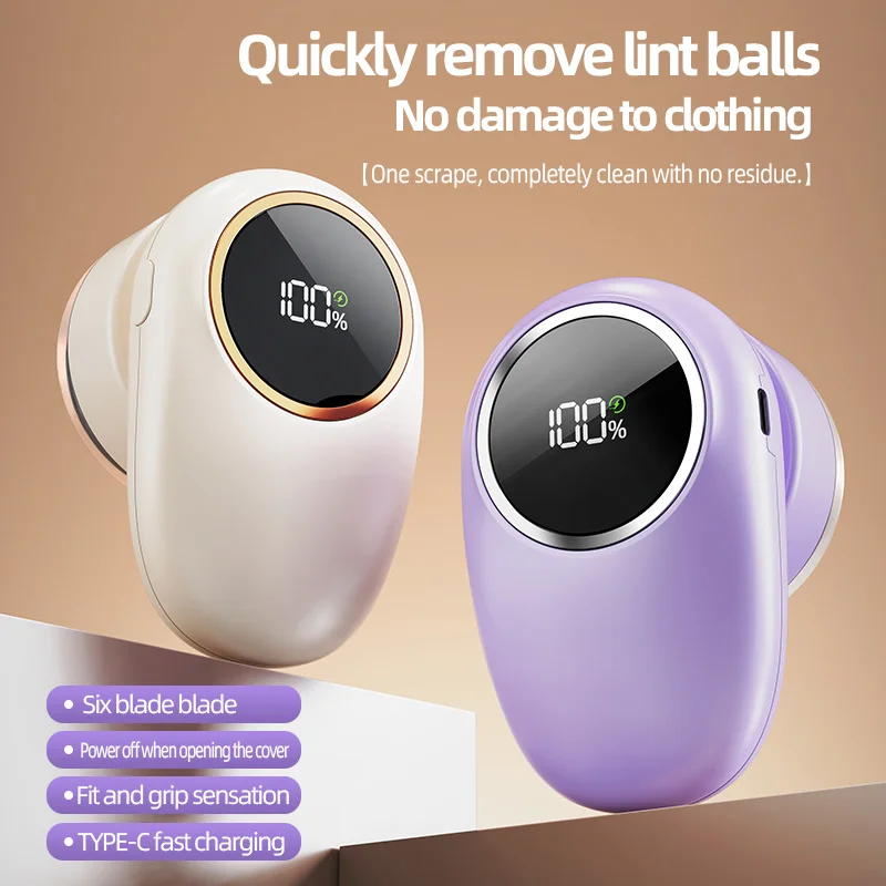 New 1 piece white/purple clothes hair ball trimmer with digital display, compact and portable rechargeable ball remover