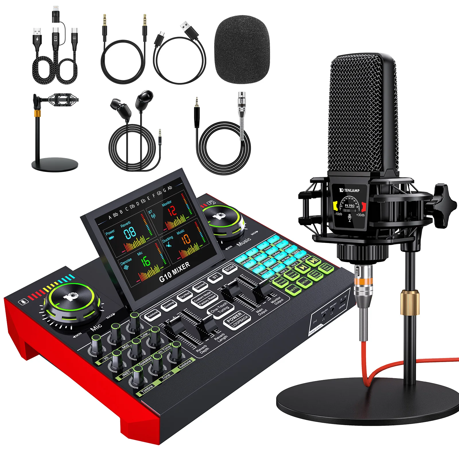 TENLAMP G10 PKPRO Podcast Equipment Bundle 6 Channel with 3.5mm Mic & XLR Audio Interface, RGB Live Sound Card Professional Mixer for PC Smartphone Laptop, Streaming Gaming Singing DJ Studio Set