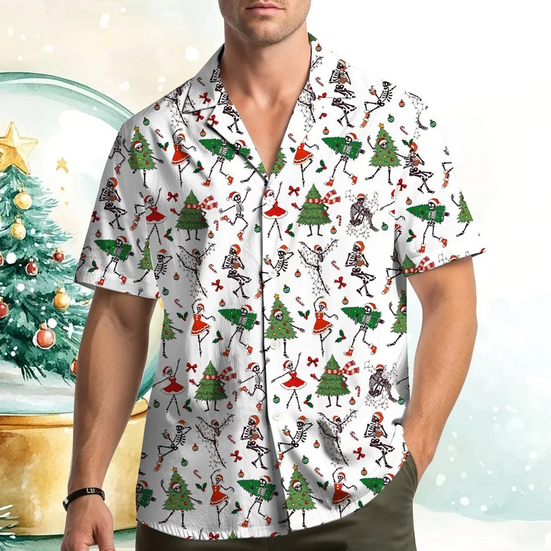 Blouses Red Christmas Line Art Shirts with Santa Snowman and Gift Print Hawaiian Shirt Men Short Sleeve Button Up Holiday Shirts