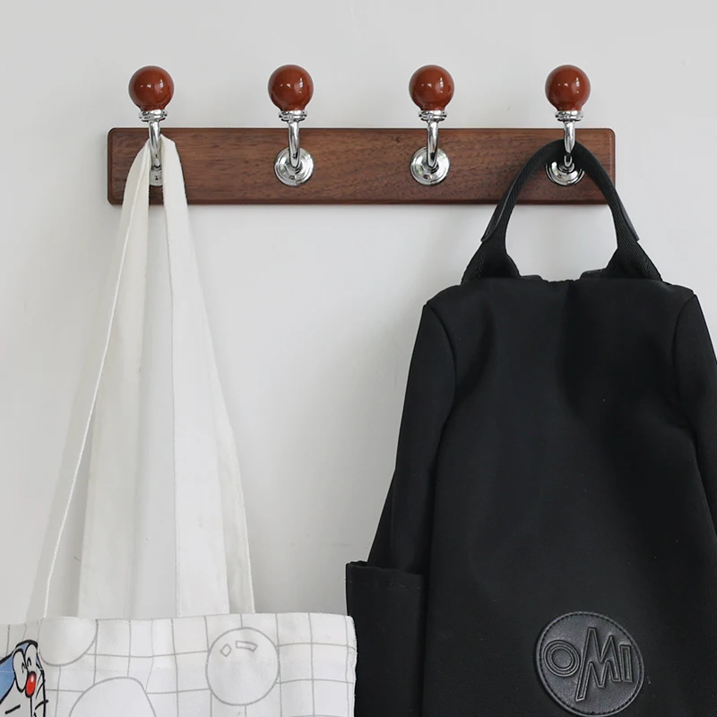 Mid-Century Walnut Wall Hooks Vintage Solid Wood Coat Rack with Round Ball Hooks Entrance Clothing