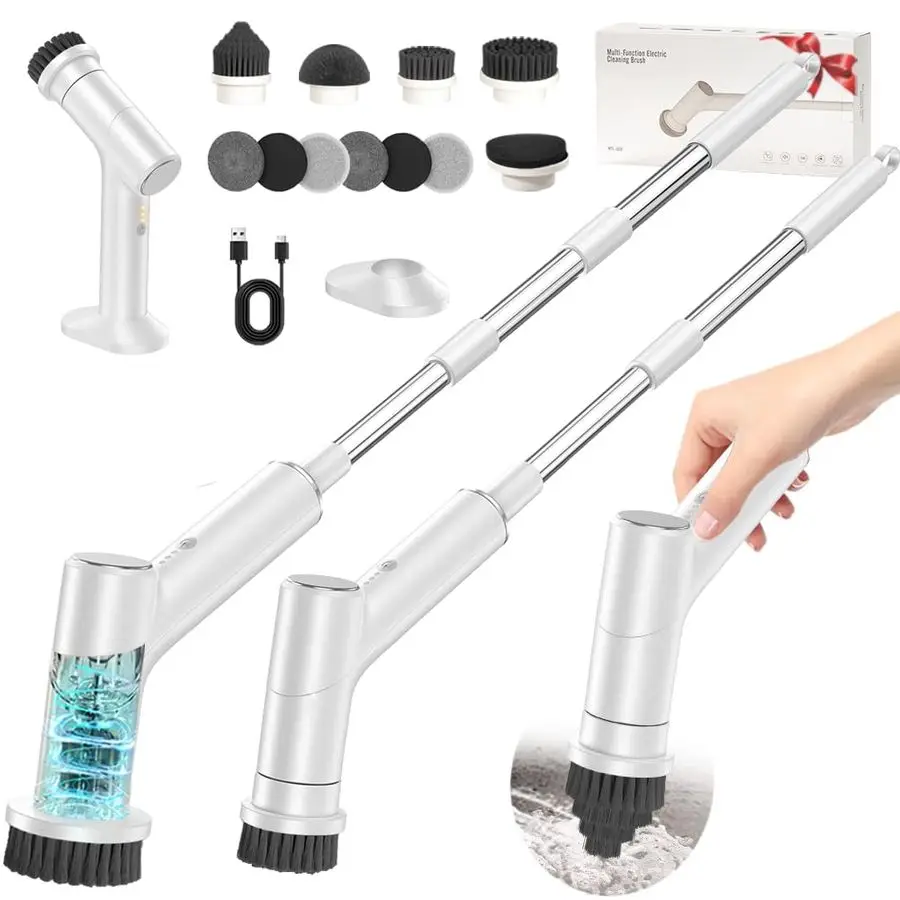 Вращающийся скруббер, аккумулятор емкостью 2600 мАч с удлиненным временем работы, 10 насадок для щетки, водонепроницаемый скруббер для душа IPX7 с длинной ручкой, 2