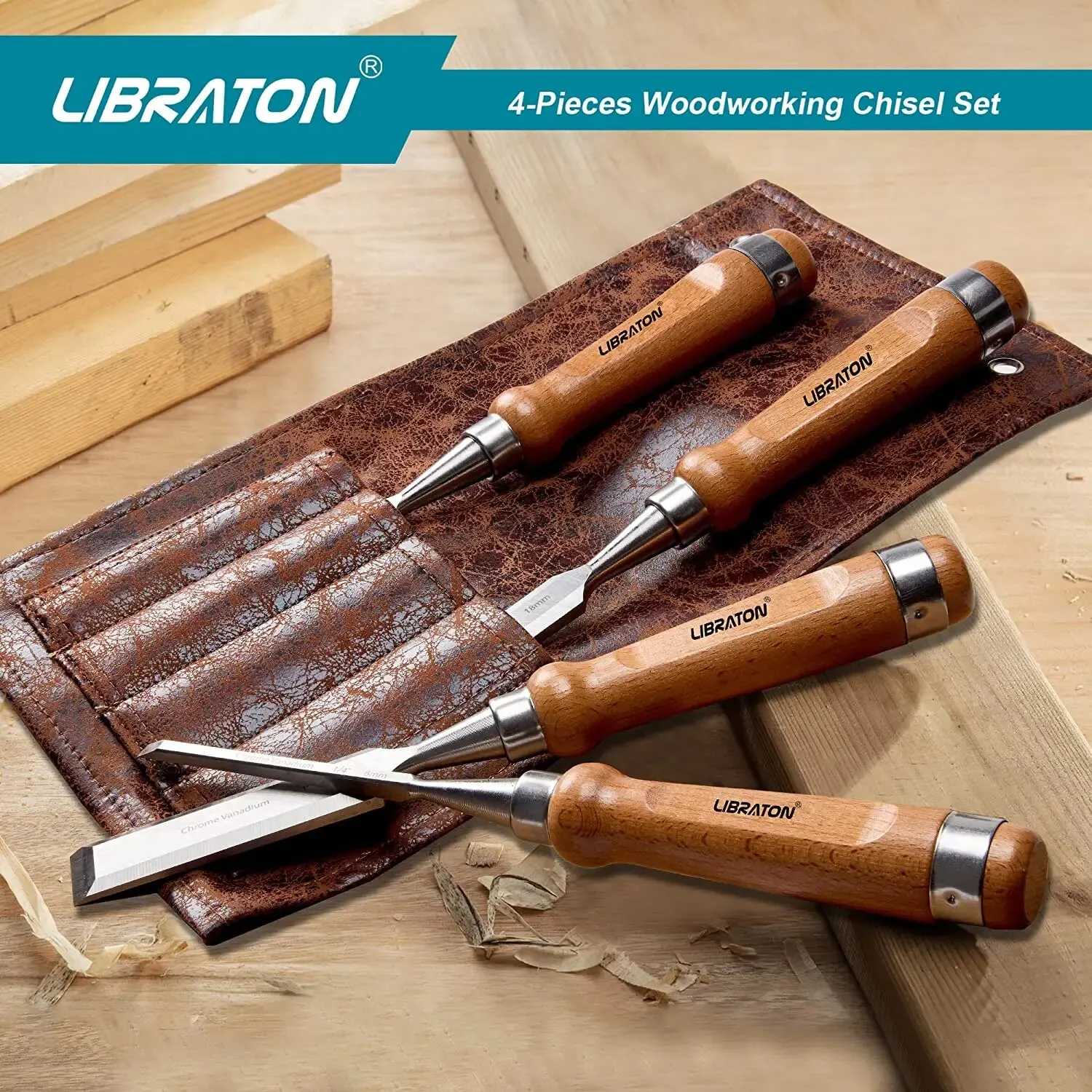 Libraton 4PCS Woodworking Chisel Set Cr-V Wood Chisels Set Professional Chisels with Leather Pouch for Carpenter