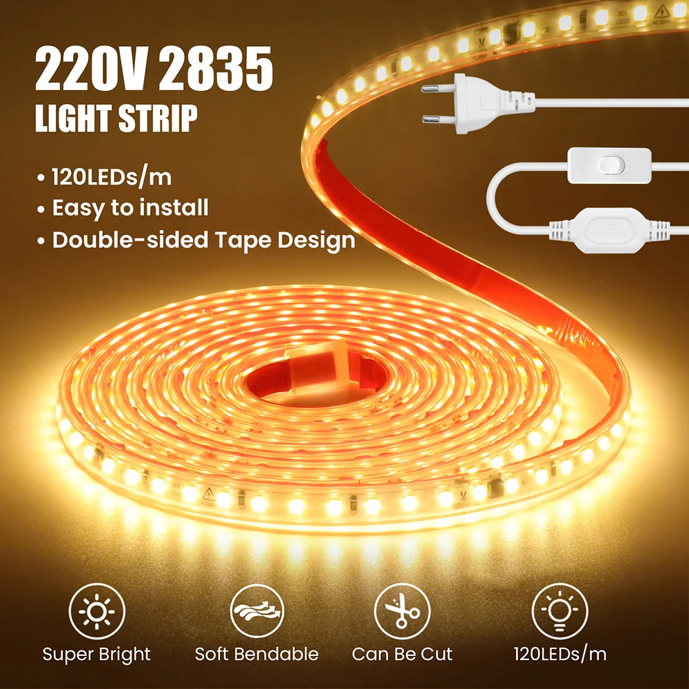 220V 2835 LED Strip Light Switch Power Kit 120LED/m AC 220 V Volt High Brightness Lighting Diode Tape Lamp Flexible Waterproof