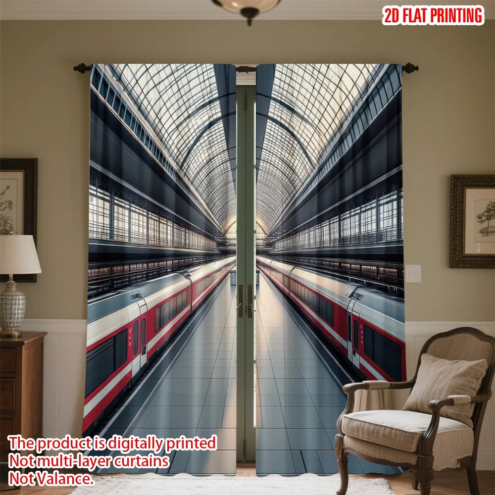 

2D flat printing 2pcs Curtains Modern Train Station Interior Digital Printed Polyester Drapes Family Party for living room decor