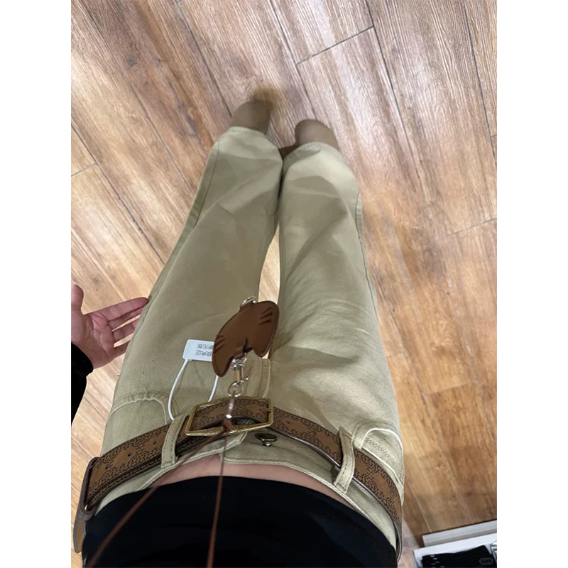 Pantalones de lana para mujer, color caqui, cintura baja, pierna ancha, sueltos, rectos, ligeros acampanados, engrosados, para invierno