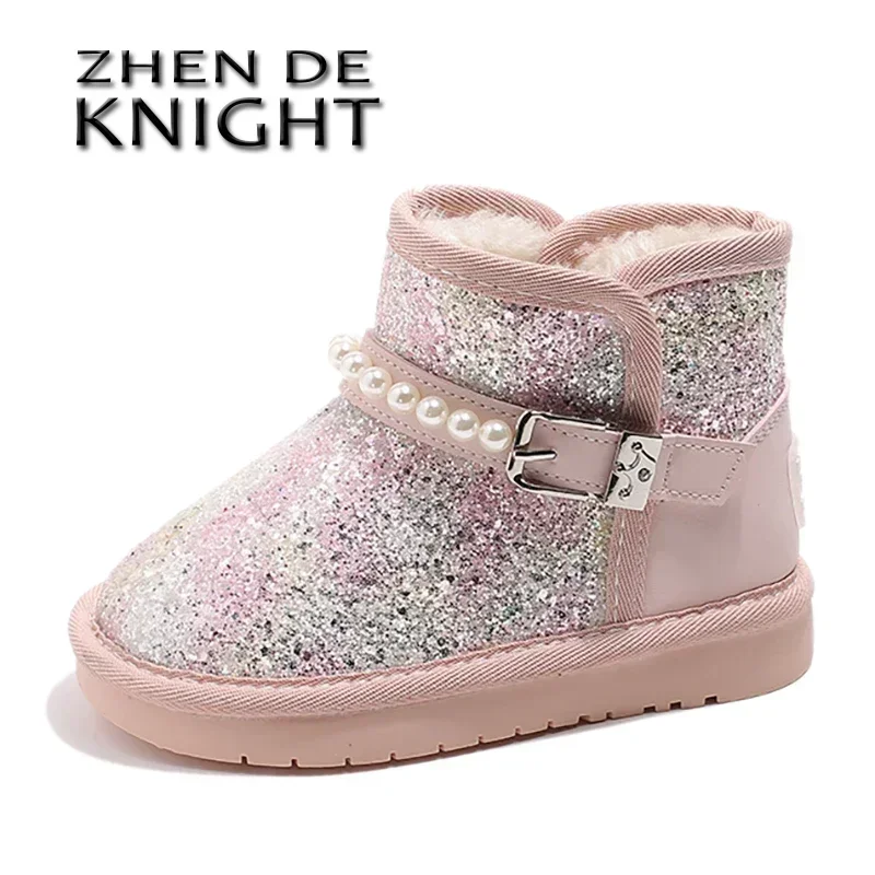 Зимние Ботинки Детские 2024 New Children Shoes Waterproof Winter Cotton Inserts Snow Boots Shiny Upper Soft Sole Girl Sneakers