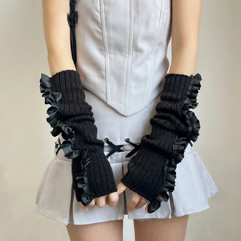 مرونة لينة طويلة الكشكشة أكمام أذرع تبريد أبلى عارضة الزخرفية متماسكة أصابع قفازات السيدات حزب الملحقات