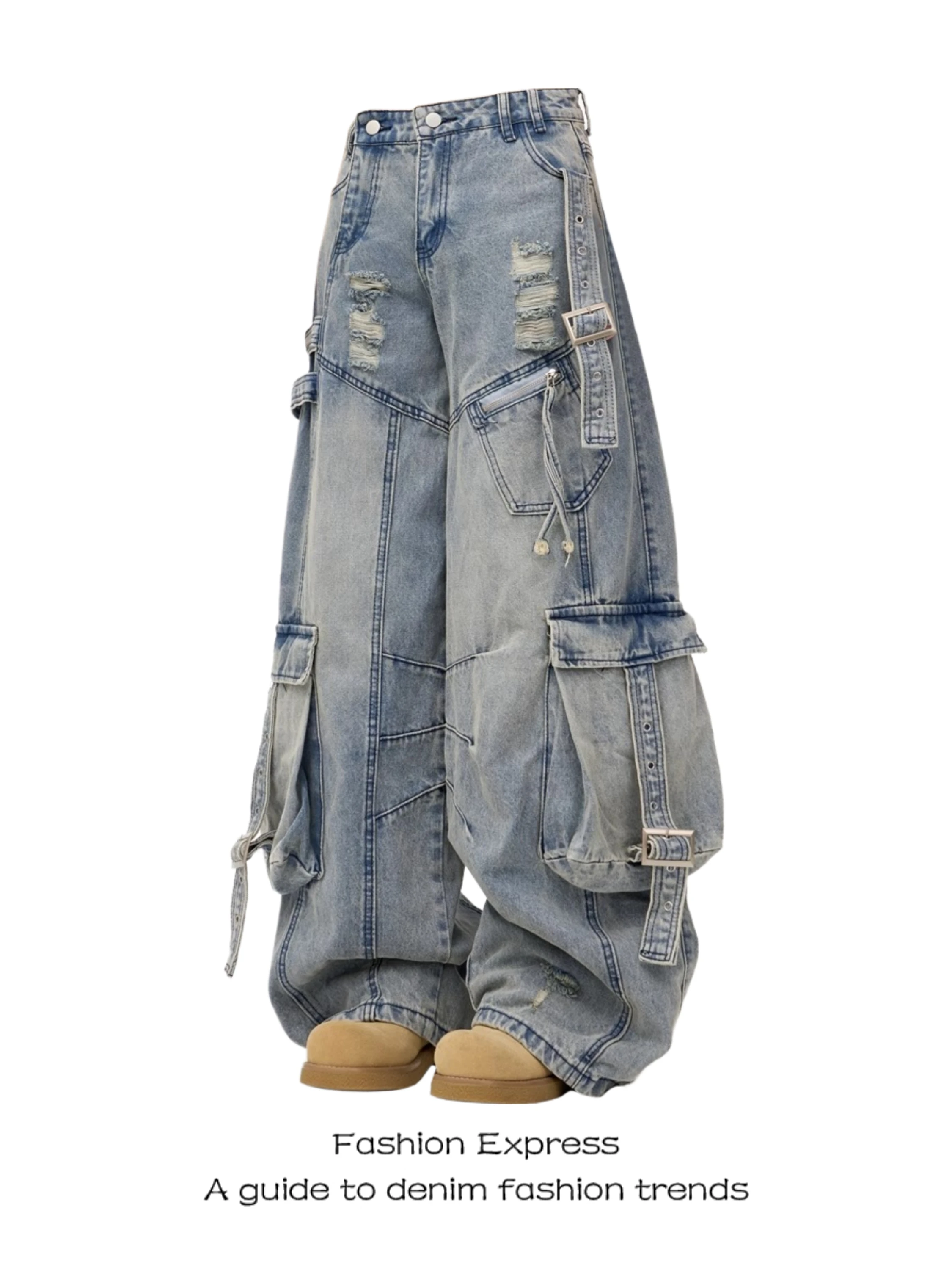 

Super Heavyweight Women's Denim Jeans High Waist Wide Leg Torn Hole Fringe American High Street Sle Multi-ket Workwear