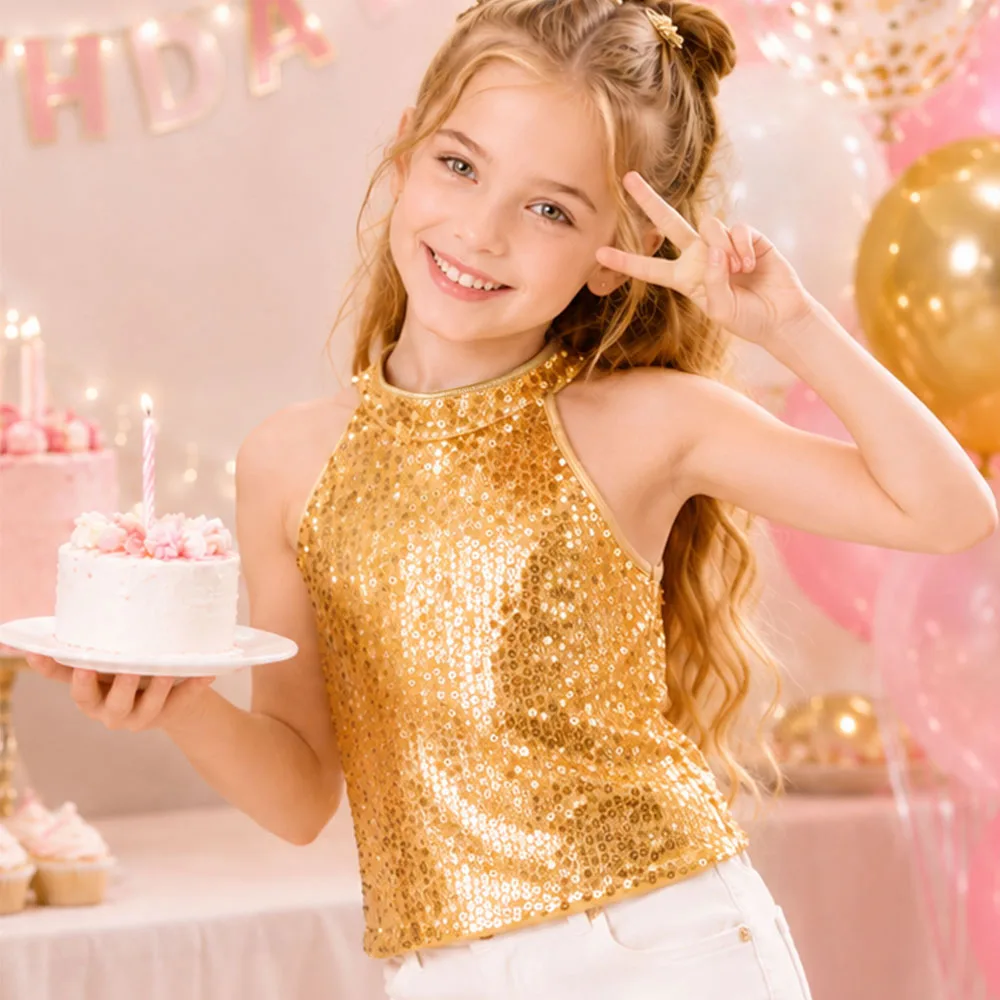 LOlanta Girls Sequin Halter Top Stretchy Tank Sparkly Dance Shirt Sleeveless Kids Birthday Party Concert Wear 6-12Years