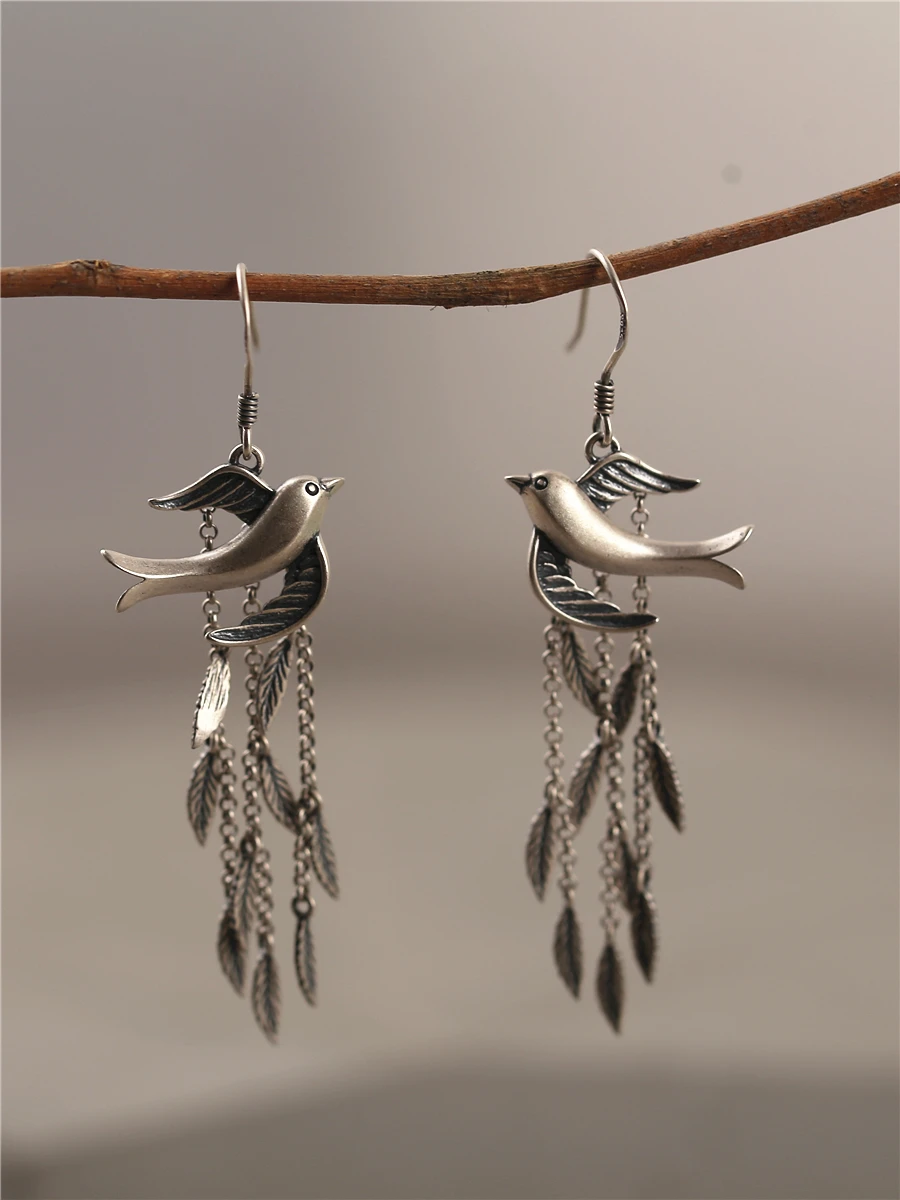 

Original Design Vintage Feel Yan Ni Willow Leaf Tassel Earrings S925 Pure Silver Artistic Retro Style Handmade Fashion Jewelry