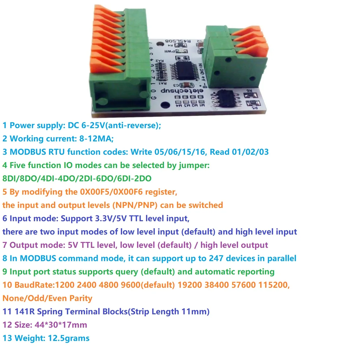 

8-канальный многоцелевой модуль цифрового ввода-вывода RS485 Modbus Rtu 141R, пружинная клеммная колодка Master-slave, цифровое управление сборами R4SLS08