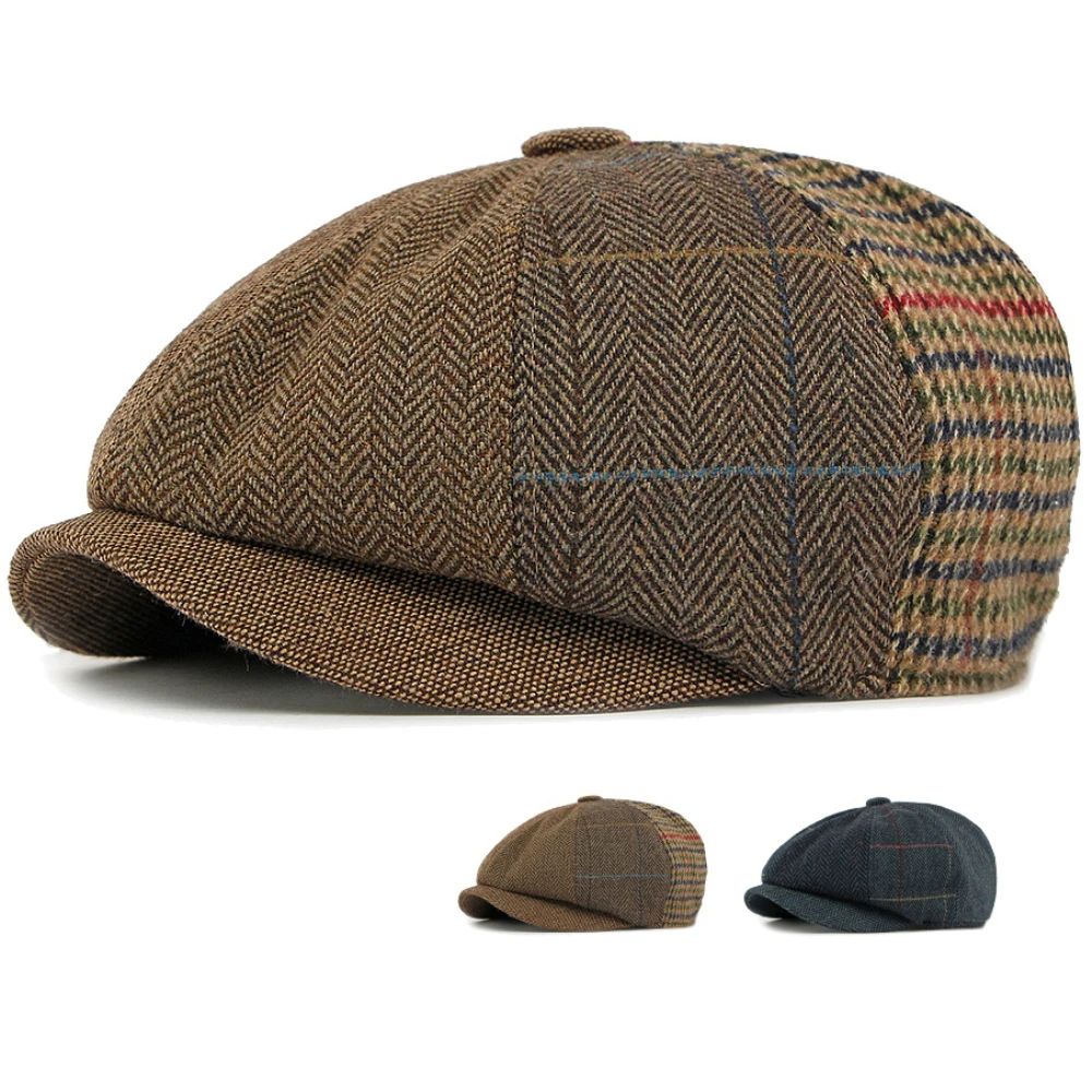 

HT4942 Mens Beret Women Plaid Wool Beret Hat Patchwork Artist Painter Hat Male Female Flat Cap Autumn Winter Octagonal Beret Cap