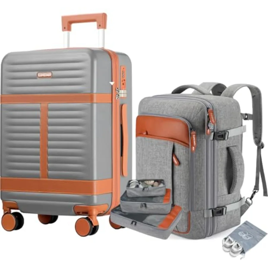 5 Pcs Luggage Sets with Travel Backpack, 20" Carry On Hardside Spinner Suitcases, TSA Lock, Durable PC Grey, 5 Pcs set (20inch