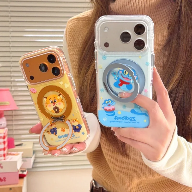 

Kawaii Cartoon Tiger Snake Magnetic Stand Phone Case For iPhone 17 Pro 16 15 Pro Max Cover Shockproof Cute Protective Cases Capa