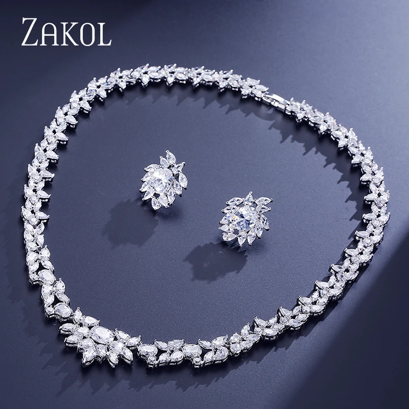 ZAKOL Luxury White Water Drop Cluster Zirconia Jewelry Sets For Women Shinny Earrings Necklace Set Bridal Wedding Drees Gift