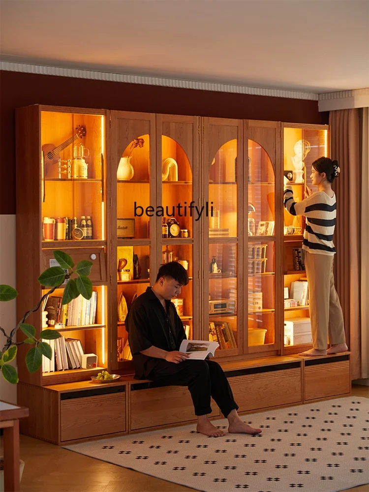 

A13 Solid wood card bookcase living room integrated wall cherry wood bookcase with glass floor combination cabinet
