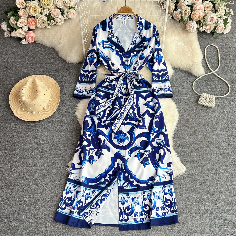 

Runway Fashion Blue and White Porcelain Printing Single Breasted Shirt Dresses Women Chic Office Lady Work Knee Length Dress