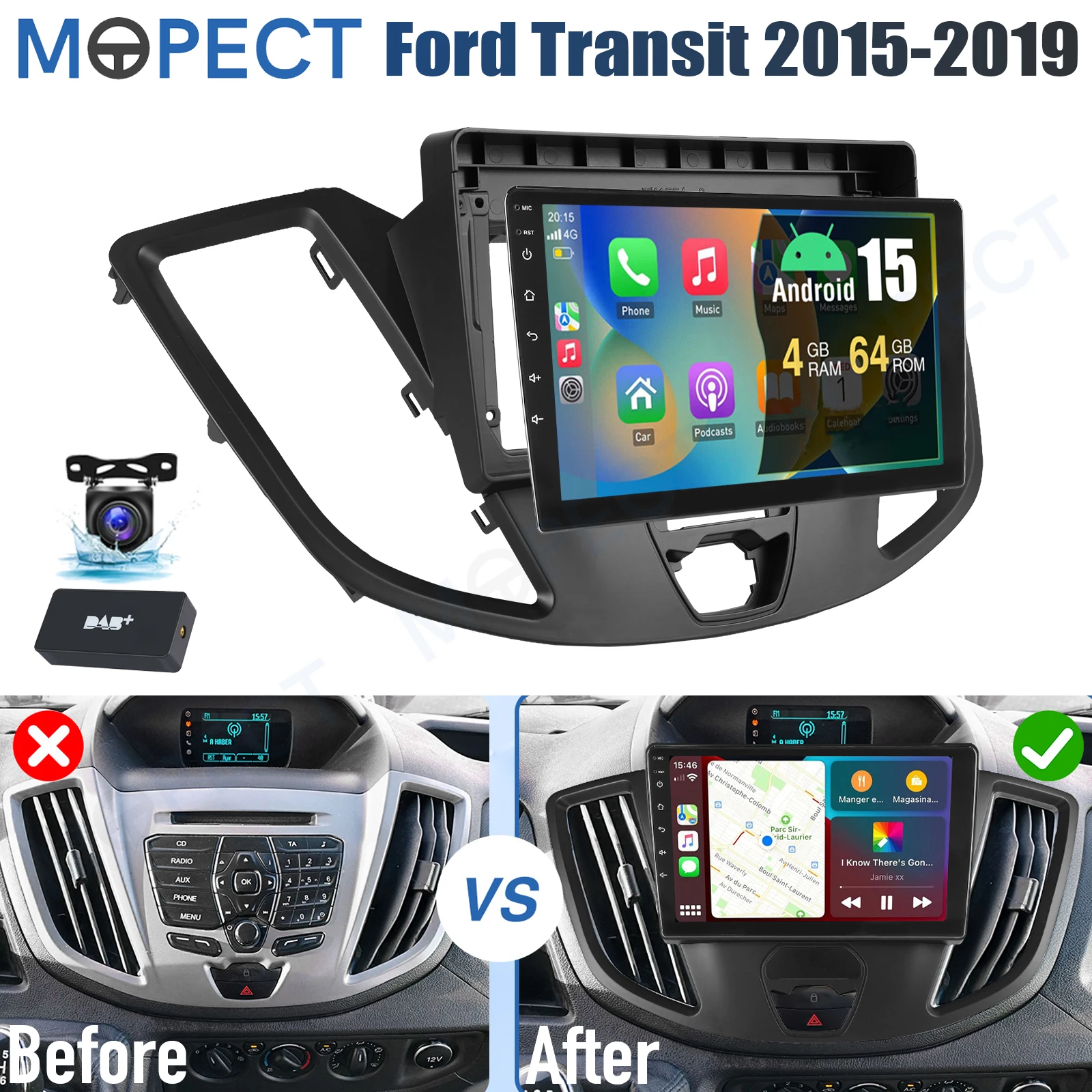 MOPECT Voor Ford Transit 150 250 350 2015-2019 9" Android 15 CarPlay Autostereo Radio WiFi GPS FM/AM Touchscreen+DAB&DVR&Camera