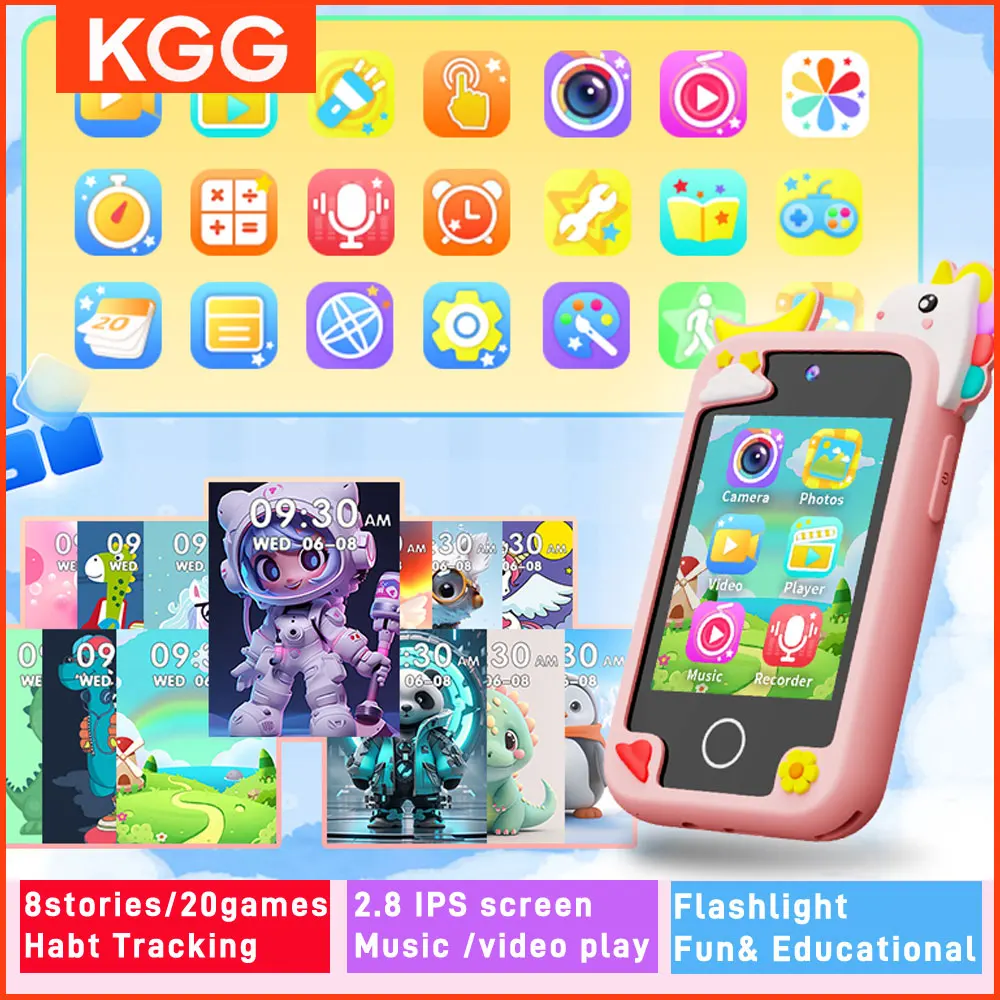 Mini Kids Smart Phone 8GB Unicorn Toy Phone Selfie Camera Music MP3 Player Toys Habit Tracking Educational Tools Children Gifts