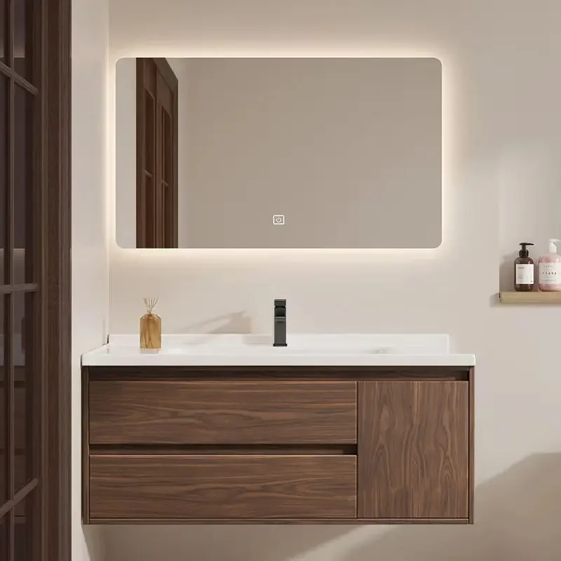 

Vintage Walnut Color Bathroom Cabinet Smart Mirror Ceramic Integrated Basin Bathroom Vanity Cabinet with Sink Bathroom Furniture