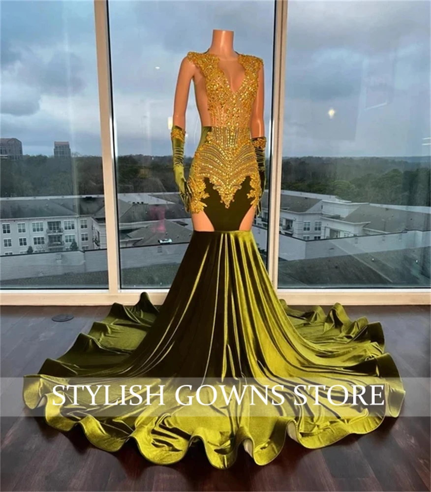 Green Sheer O N Long Prom Dress Black Girl Gold Bead Crystal Birthday Party Gowns With Gloves Formal Gown Robe De Bal Customized