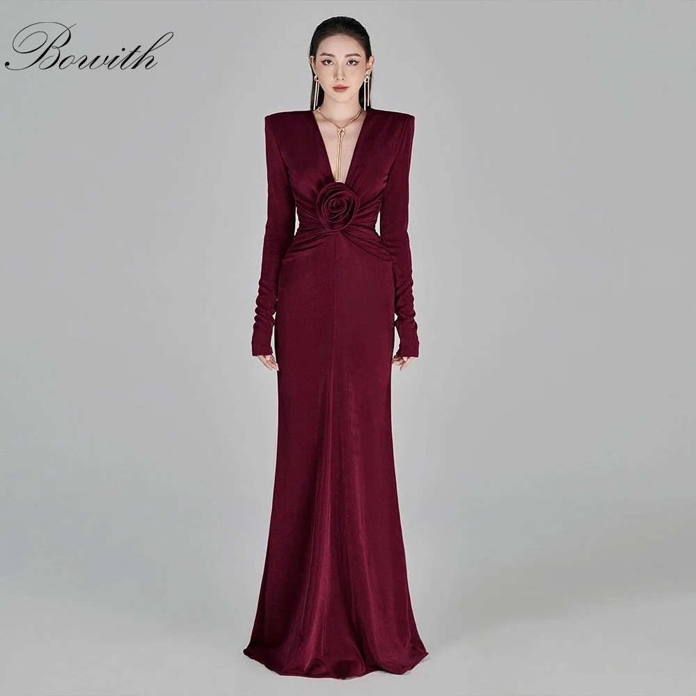 

Bowith Burgundy Velour Evening Dresses Customized V-Neck Long Sleeves Party Dresses Elegant Formal Handmade Flower Prom Gown