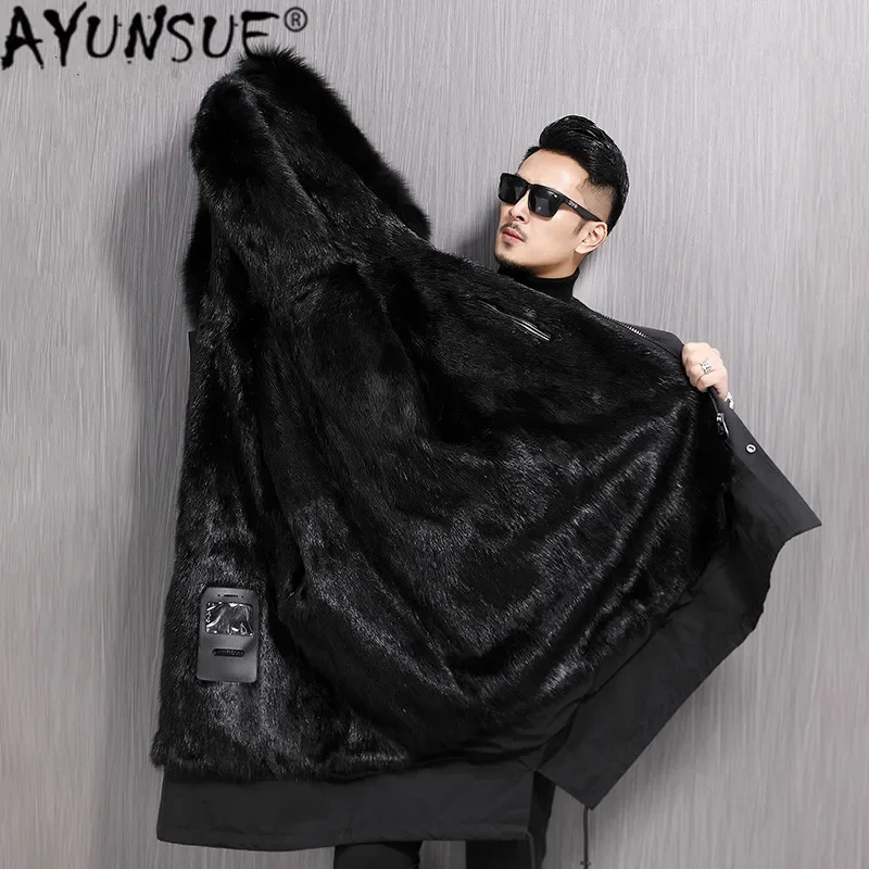 AYUNSUE Real Fur Coat Men Parka Long Winter Jacket Mink Fur Liner Fox Fur Collar Luxury Fur Coats and Jackets Warm KD91008-97