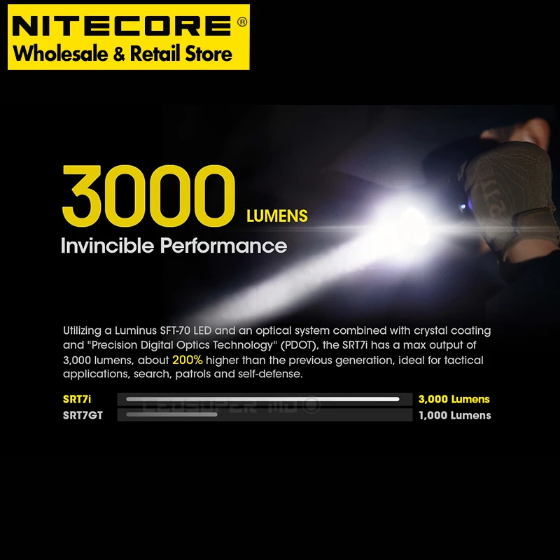 Stepless Brightness Adjustment NITECORE SRT7i 3000 Lumens Rechargeable Tactical Flashlight with NL2150HPi 5000mAh Battery