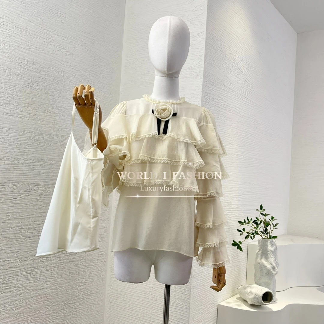 2025, hochwertige, weiße, abrikozenfarbene, langärmlige Blusen mit Blumenapplikationen und Holzohren und Spitze