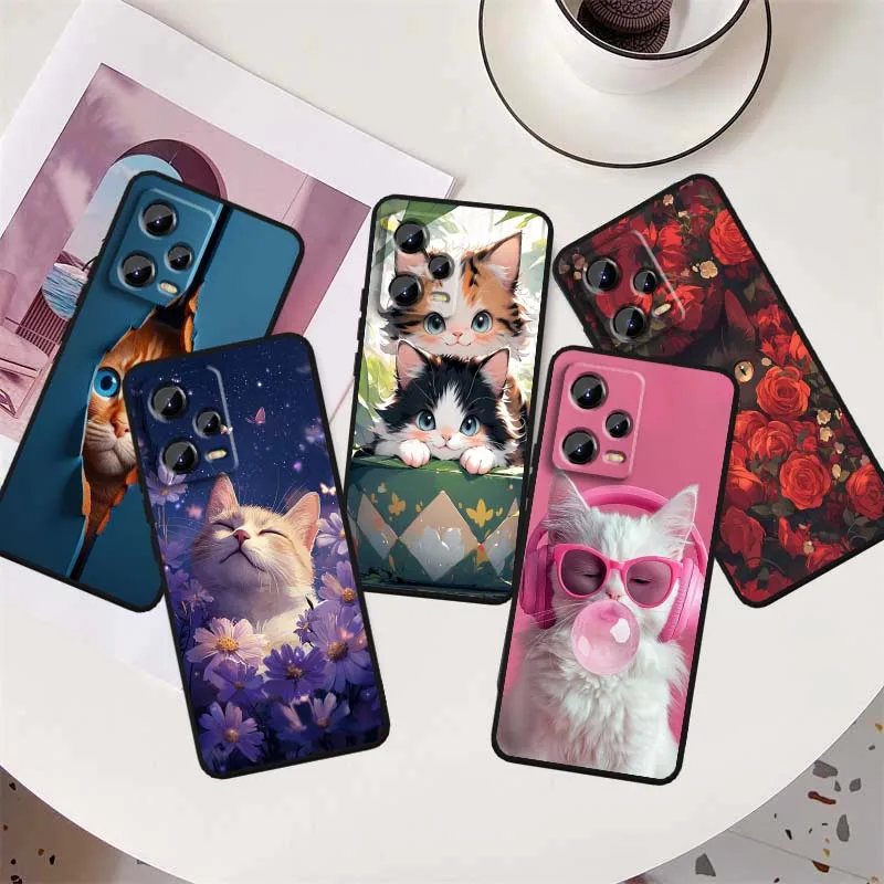 

Popular Cartoon Flower Cat For Xiaomi Redmi Note 14 13 12 12S 11E 11 11S 11T Pro Plus 4G 5G Black Soft TPU Cover Phone Case