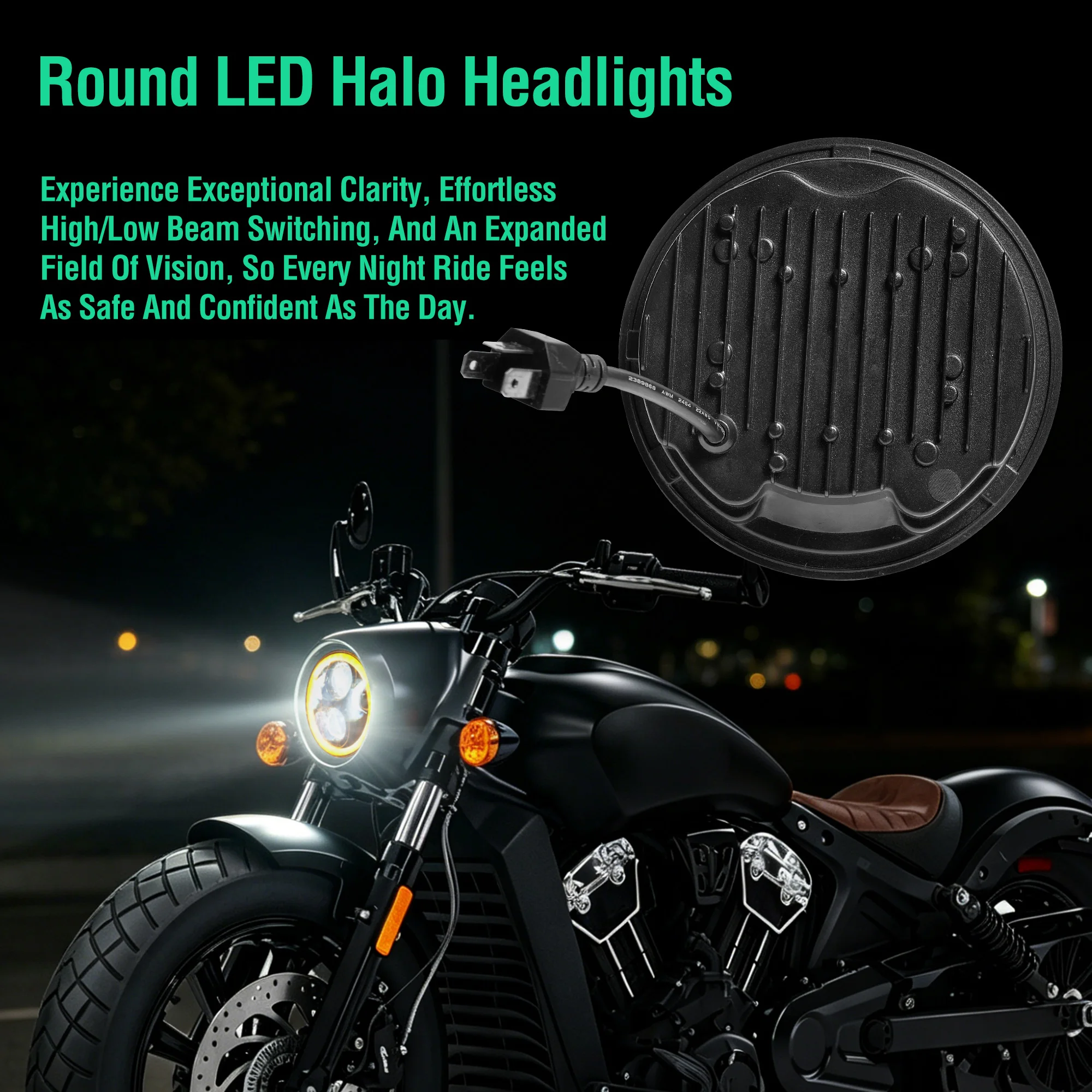 Yellow Light Upgrade Your Ride Halo Angel Eye LED Headlight for Indian Scout Bobber (2015-2024) 32W, 4500LM, Weatherproof