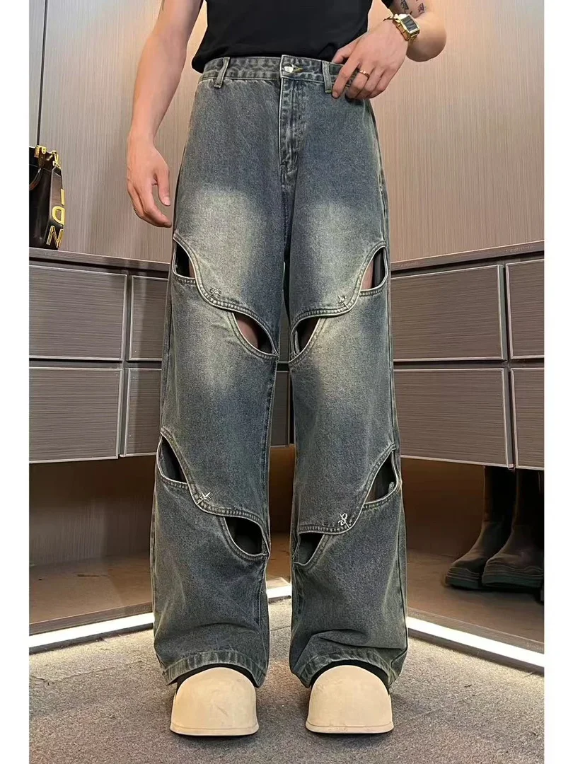 

Мужские джинсы прямого кроя из высококачественного денима с металлическими элементами, в американском ретро-стиле, с застежкой на молнии, средней посадки