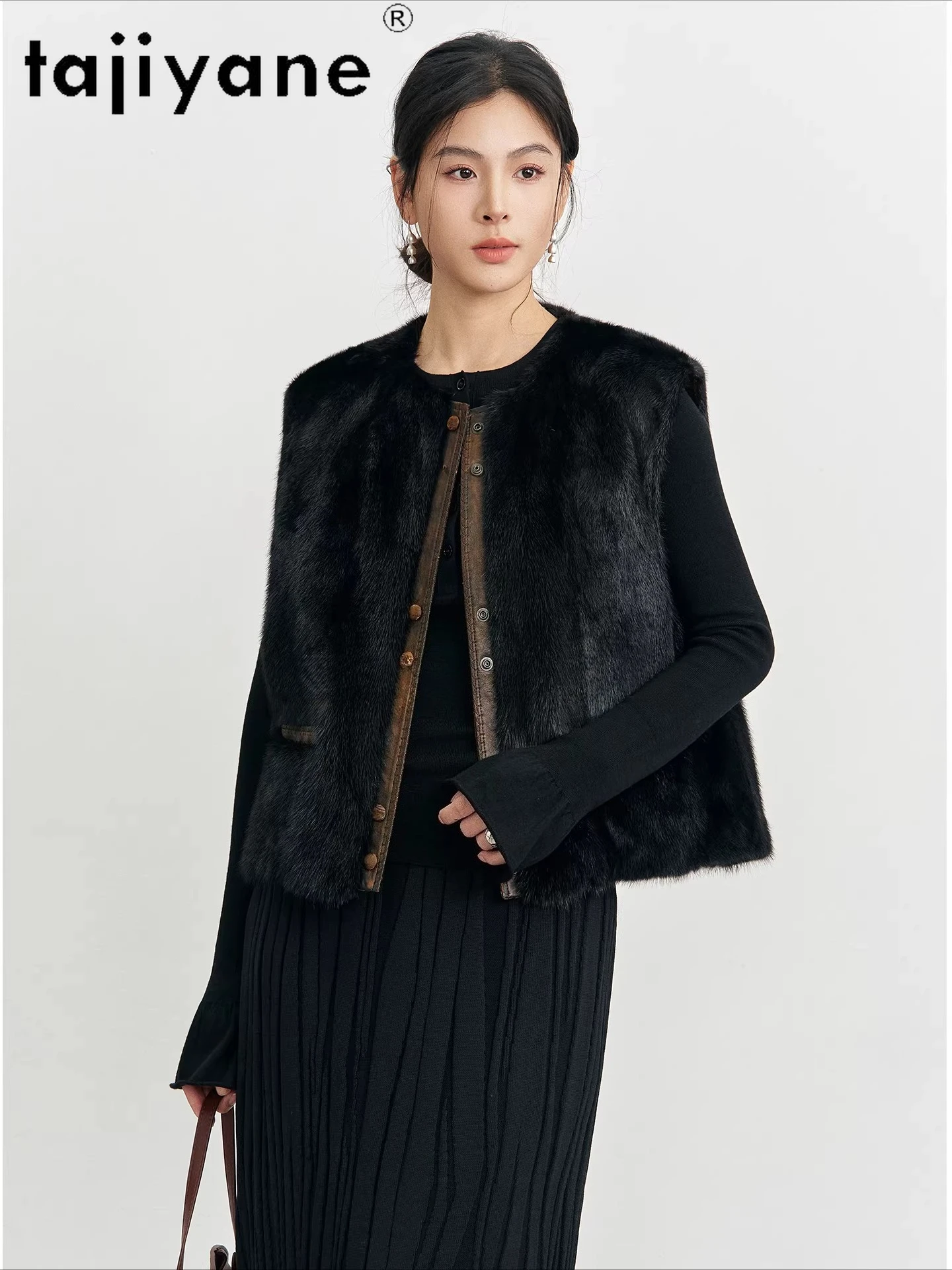 เสื้อขนสัตว์มิงค์แท้ TAJIYANE สำหรับผู้หญิง แบบสั้น ใส่ได้สองด้าน ไม่มีแขน แฟชั่นเสื้อโค้ทขนสัตว์แท้ ฤดูหนาว 2025 เสื้อผ้าผู้หญิง шуба