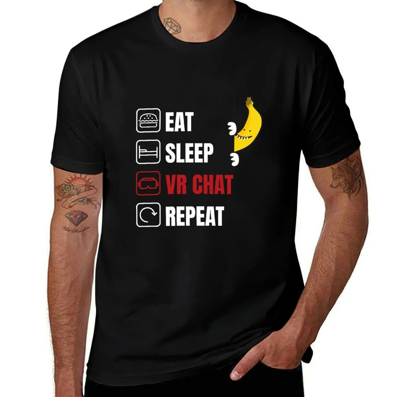 funny design eat sleep vr chat repeat with funny banana style for couples of friends and valentine celebration T-Shirt