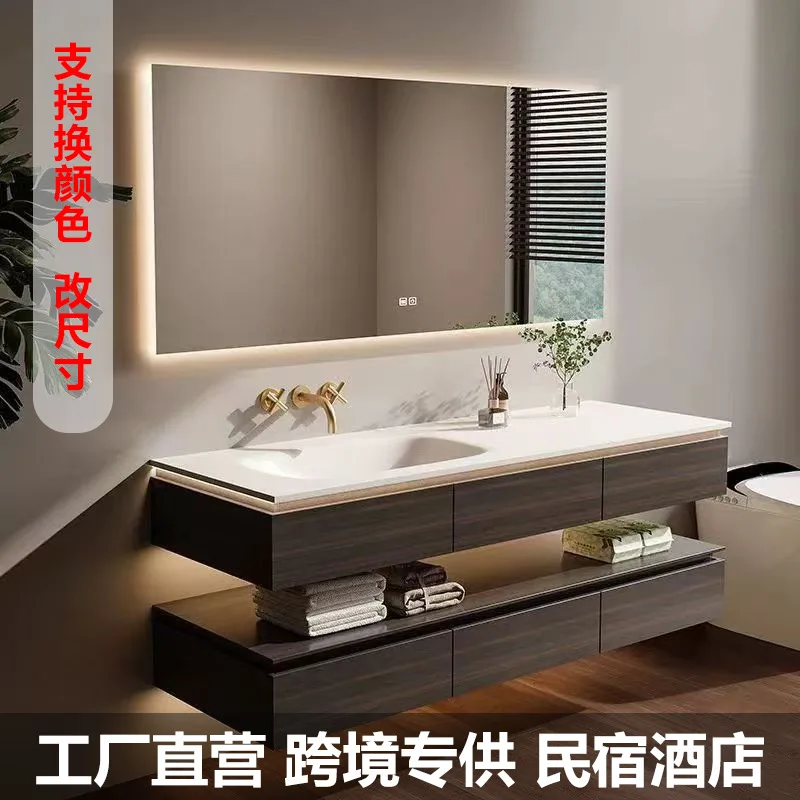 

Rock slab hot bending integrated basin bathroom cabinet combination rock slab