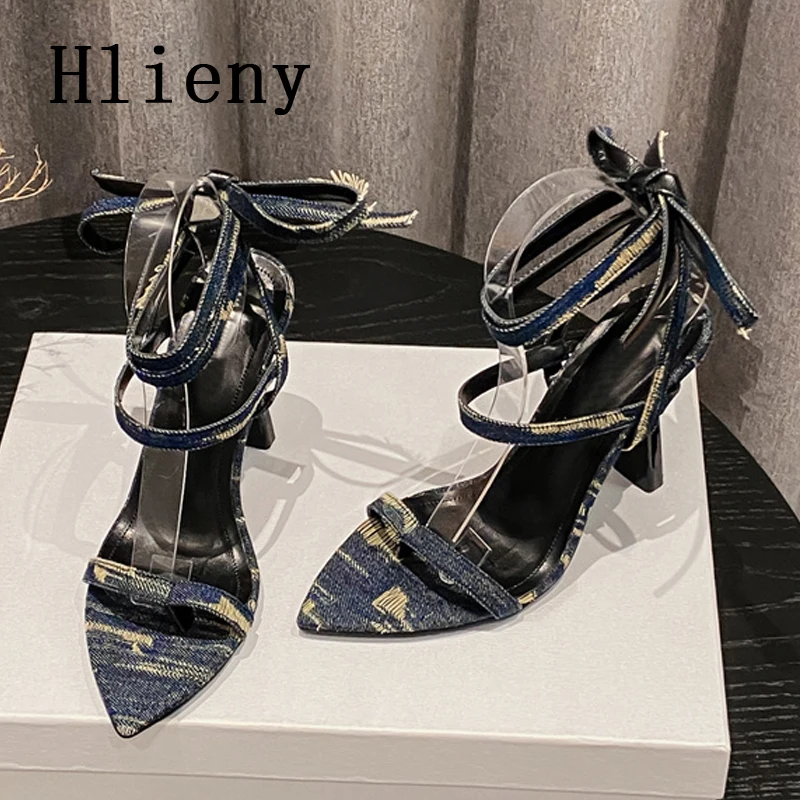 Hlieny Sexy Pointed Toe Women Lace-up Sandals Fashion Denim Ankle Strap Summer Gladiator Party Stripper Thin High Heels Shoes