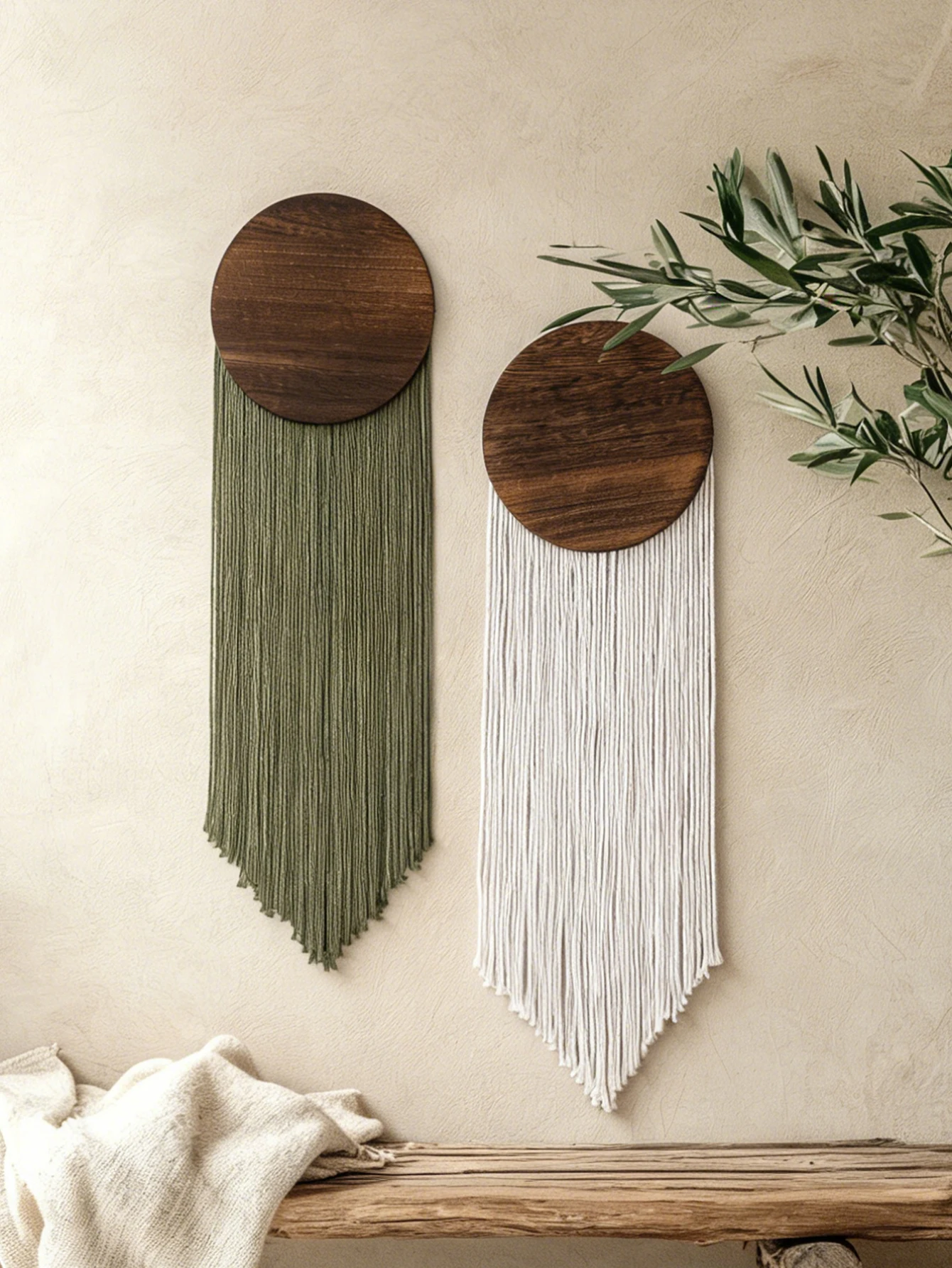 Boho Wooden Macrame Wall Hanging Tassel Tapestry Half Round/Round Wood Board Wall Art for Bedroom Living Room Farmhouse Interior