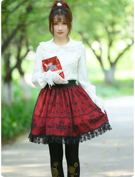 Japanese Black Red Lace Fashion Printed Lolita Short Skirt Summer New Sweet Girl Gothic Age-reducing Retro Princess Sk Skirts