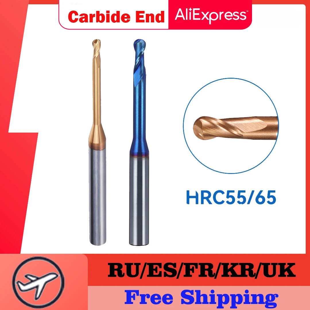 HRC55 HRC65 Carbide Long Neck Ball Nose End Mills CNC Deep Groove Cutter Milling Cutter Router Bit Knife R0.15  R1 Endmills