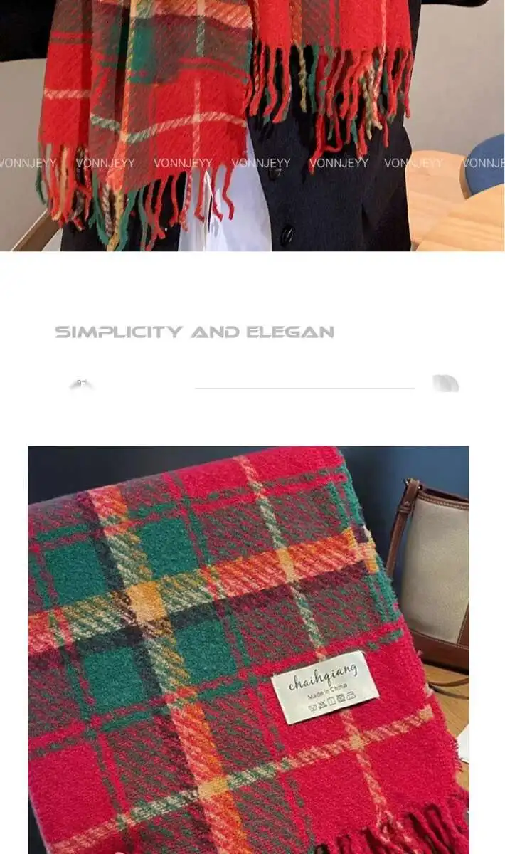 Regalo di Capodanno: sciarpa scozzese con nappe rosse natalizie, sensazione invernale di alta qualità per le donne, caldo scialle coreano, sciarpa spessa_voghion.com