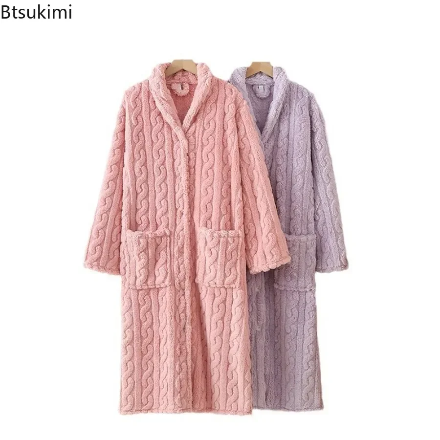 Autumn Winter Women Warm Flannel Robe Ladies Soft Bathrobe Female Long Sleeve Dressing Gown Warm Fleece Robes Simple Home Cloth